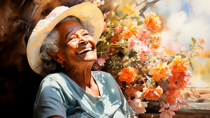 Portrait of smiling senior African woman in straw hat sitting in garden with flowers. Abstract digital painting illustration. - obrazy, fototapety, plakaty