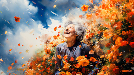 Portrait of a happy senior Asian woman in park with autumn flowers on background. Abstract digital painting illustration.