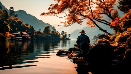 A solitaire old man sitting on a rock and looking at the lake in the morning. - obrazy, fototapety, plakaty