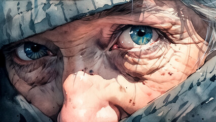 Illustration of a Close-Up of an Old Woman’s Blue Eyes. Aging Gracefully, Expressive Gaze, Artistic Portrayal.