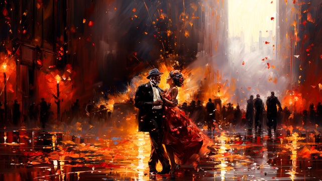 Romantic elderly couple dancing in the fire on the background of the city. Abstract digital painting illustration.