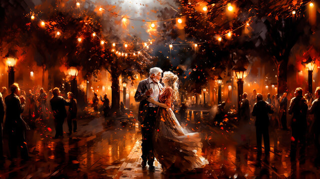 Romantic elderly couple in love dancing on the street with lights. Abstract digital painting illustration.