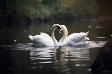 a pair of swans kissing