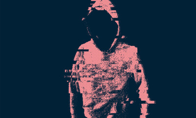 Glitched silhouette, bitmap effect, error signal, technical problem. Hacked system or cyber attack. Vector illustration.
