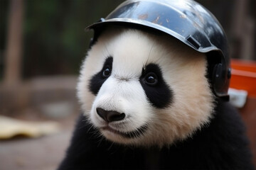 a panda wearing a helmet