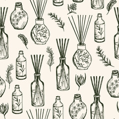 Home incense, Aromatherapy. Seamless Vector pattern. Green tape on beige color, background for packages.