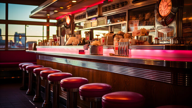A beautifully lit retro diner with red bar stools, neon lighting, and vintage decor, evoking nostalgic memories of classic American diners.