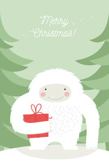 Christmas greeting card. Simple cartoon illustration of a Yeti with a gift
