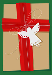 Christmas illustration. A wrapping gift and an angel figurine as decoration