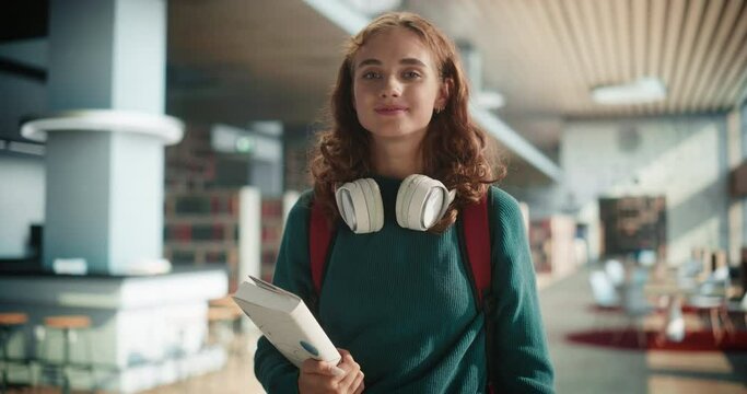 Beautiful Caucasian Female Student Standing in a Modern Library of Her School. Young Happy Successful Woman Looking at Camera, Smiling. Girl Wearing Multiple Earrings and a Smiley Gum Piercing