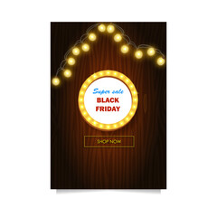 Black Friday retro sale banner with light frame shaped circle and lighting bulbs on wood background
