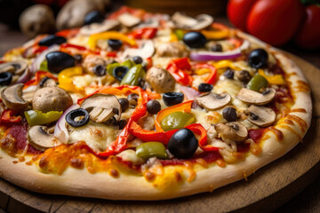 A close-up of a vegetable pizza with mushrooms, onions, bell peppers, and olives, placed on a wooden table, captures the mouthwatering details