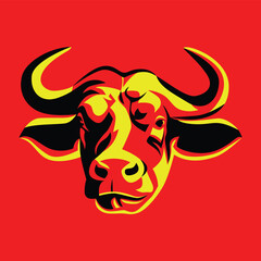 Buffalo head simple illustration, red background, vector. - eps 10