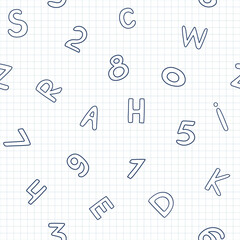 Funny doodle drawings, letters, numbers on lined math paper for school or kindergarten. Childish hand-drawn repeating pattern. Back to school