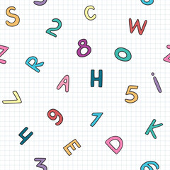 Funny colored doodle drawings, letters, numbers on lined math paper for school or kindergarten. Childish hand-drawn repeating pattern. Back to school