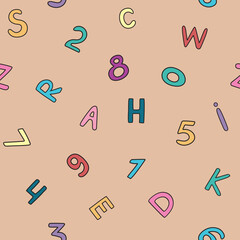 Funny colored doodle drawings, letters, numbers on paper for school or kindergarten. Childish hand-drawn repeating pattern. Back to school