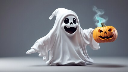 A dubbing Halloween ghost with black evil eyes with orange pumpkin