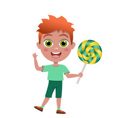 child licks lollipop. happy cute little kid boy and girl eat candy and sweets. Unhealthy eating. Lollipop. Handsome red hair  boy. People character