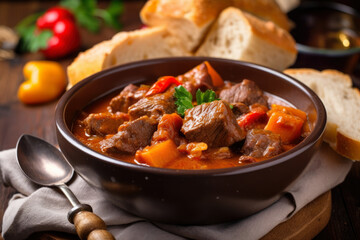A delicious Hungarian goulash made with tender beef, diced tomatoes, and bell peppers, all cooked in a thick and flavorful sauce