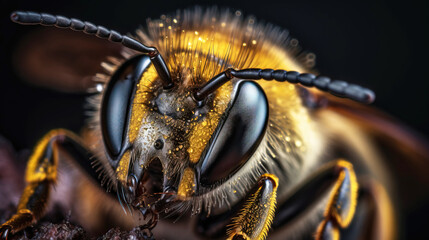 Honey bee macro shot, close-up, dark background. Agricultural farming insect. AI generated.