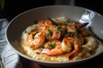 Fototapeta premium a delicious dish of shrimp and grits, topped with a buttery and cheesy sauce and a sprinkle of paprika