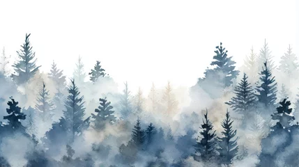 Tuinposter Alpine trees in the forest watercolor style illustration with winter color. © Tirtonirmolo