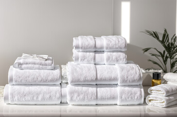 Crisp Comfort: Neatly Folded White Towels Displayed on a Counter