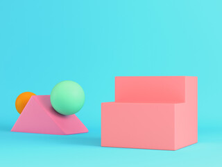 Abstract pink geometrical shapes for display product on bright blue background in pastel colors. Minimalism concept