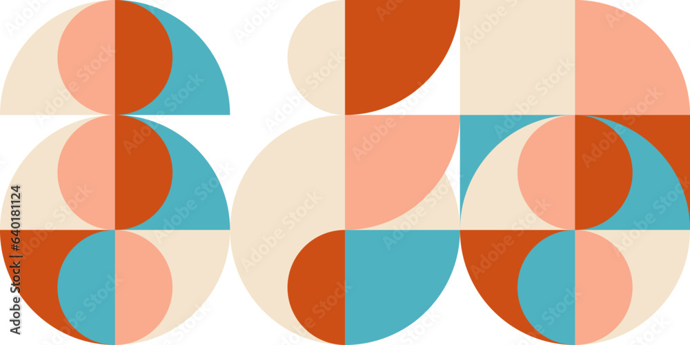 Poster Geometric abstract vector seamless pattern with circles, rectangles and squares in retro Bauhaus style. Pastel colored simple shapes graphic background.