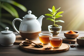tea ceremony with tasty aromatic herbal teas in glasses near teapots and herbal leaves with spices in small bowls on wooden trail