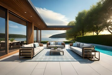Architecture image of outdoor resort lounge patio area and lawn