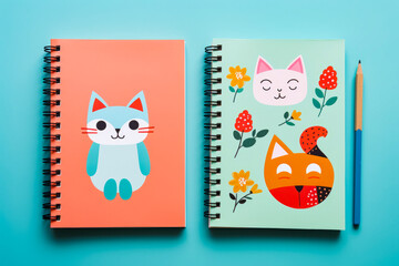 Two notebooks with cats and flowers on them on blue background.