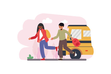 Concept back from school with people scene in the flat cartoon design. Friends rush to the school bus after school to go home. Vector illustration.