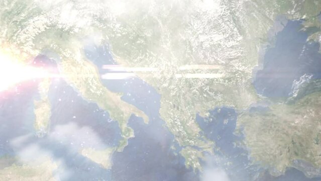 Zoom in from space and focus on Shkoder, Albania. 3D Animation. Background for travel intro. Elements of this image furnished by NASA