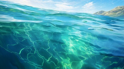 Fototapeta na wymiar The expanse of the ocean's turquoise surface off Catalina Island, California, adorned with soft undulations and the mesmerizing play of light bending through the water.