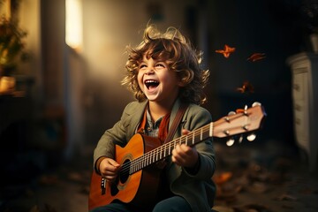 Obraz premium A cheerful young boy passionately playing the guitar, immersed in his music lessons. 'generative AI'