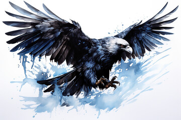 A captivating watercolor illustration of an eagle soaring through the sky, its feathers billowing in the breeze, evoking a feeling of freedom and beauty