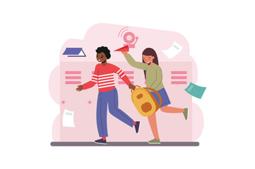 School break concept with people scene in the flat cartoon design. Friends went out to play and launch paper airplanes during the school break. Vector illustration.