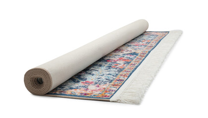 Rolled carpet with pattern on white background. Interior element