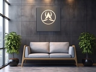 3d realistic wall logo mockup in the office lobby waiting room generative ai