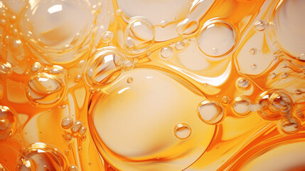 Oil bubbles background, bubbling drops of gold liquid. Oil bubbles in abstract natural transparent liquid fluid splash. Generative AI.