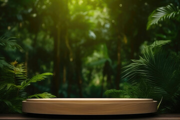 Fototapeta na wymiar Product Presentation on a Wooden Podium in the Jungle