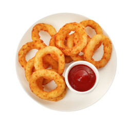 Plate of tasty fried onion rings with ketchup isolated on white, top view