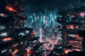cinematic cityscape view of a massive futuristic cyberpunk city at night crowded with glowing tall buildings