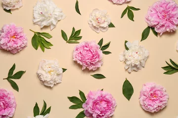 Foto op Plexiglas Flat lay composition with beautiful peony flowers on beige background © New Africa