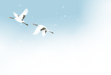 冬空を飛ぶ丹頂鶴のイラスト