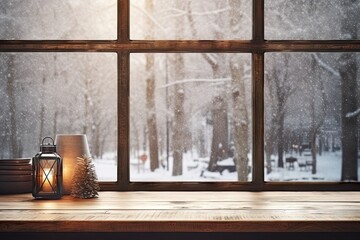 Frosted elegance. Christmas table decoration. Vintage winter retreat. Cozy cabin ambience. Snowy morning delight. Rustic Home design