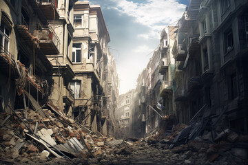 The collapsed buildings