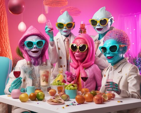 Group of alien friends having a dinner and celebrate new year. Wearing pastel color and fashionable clothes. Abstract creative scene.