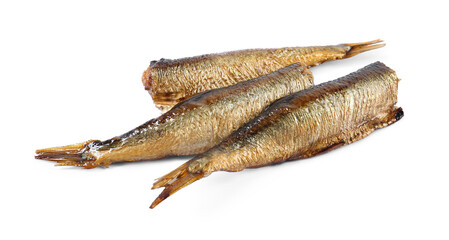 Many tasty smoked sprats isolated on white